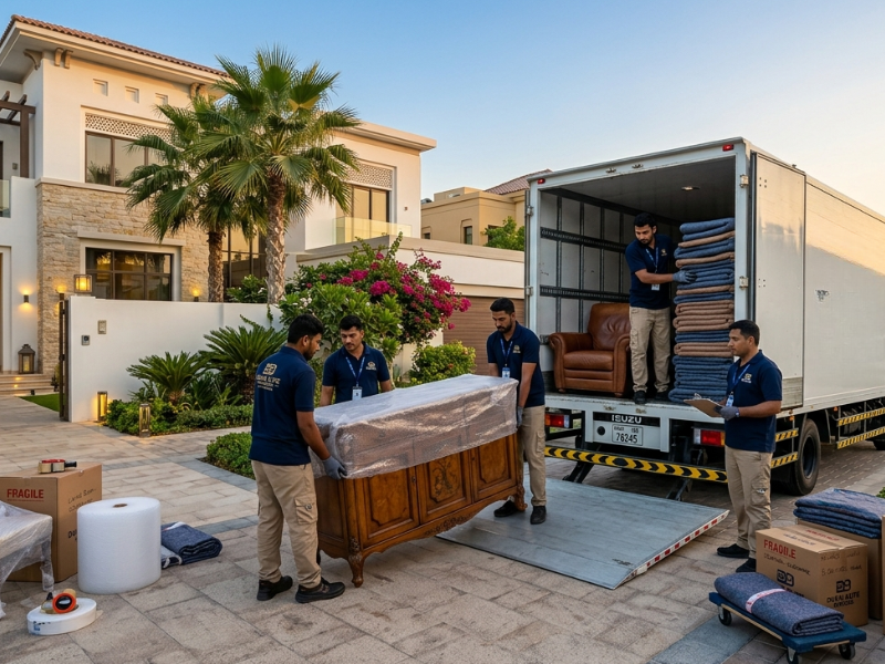 A team of professional villa movers in Dubai loading furniture into a moving truck outside a luxury villa — Classic Movers UAE providing reliable and affordable villa shifting services across Dubai.